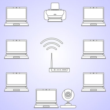 Dijital bilgisayar ekipman kümesi. Farklı siluetleri dijital cihazlar ve doğrusal vektör simgeler üzerinde arka izole araçlar kümesi. Vektör çizim.