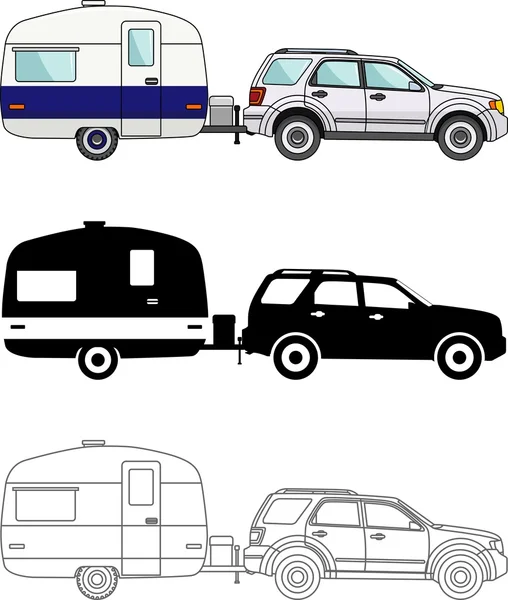 Diversi tipi di rimorchi auto e di viaggio isolati su sfondo bianco in stile piatto: colorato, silhouette nera, contorno. Illustrazione vettoriale . — Vettoriale Stock