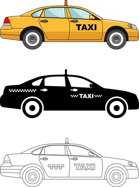 Taxiwagen verschiedener Art isoliert auf weißem Hintergrund in flachem Stil: farbig, schwarze Silhouette und Kontur. Vektorillustration. — Stockvektor