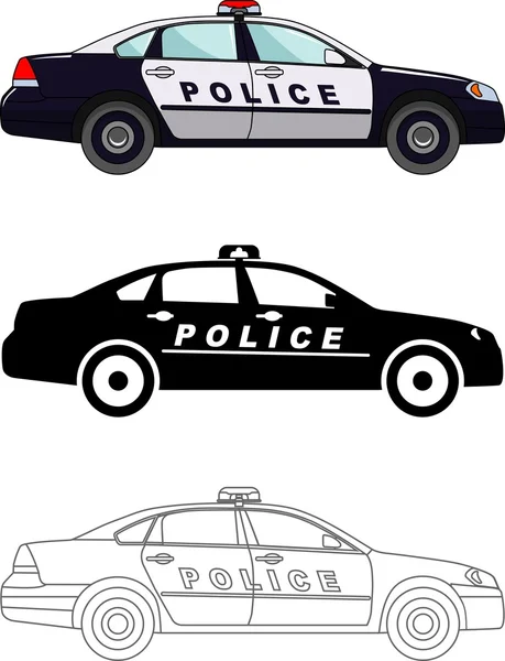 Different kind police cars isolated on white background in flat style: colored, black silhouette and contour. Vector illustration. — Stock Vector