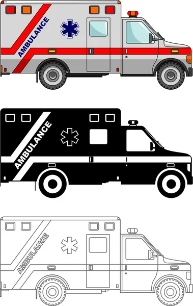 Différentes sortes de voitures d'ambulance isolées sur fond blanc dans un style plat : couleur, silhouette noire et contour. Illustration vectorielle . — Image vectorielle