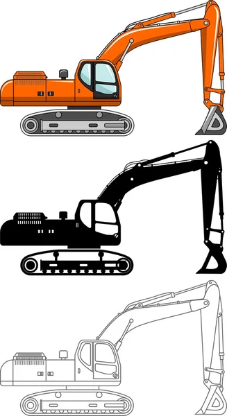 Excavadoras de diferentes tipos aisladas sobre fondo blanco en estilo plano: silueta y contorno de color negro. Ilustración vectorial . — Vector de stock