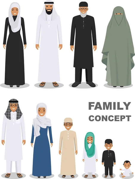 家族や社会的概念。さまざまな年齢層でアラブ人の世代。アラブ人の父、母、息子、娘、祖母と祖父は、伝統的なイスラムの服で一緒に立っています。ベクトル. — ストックベクタ