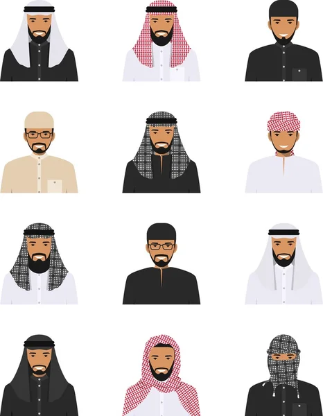 Diferentes personas árabes musulmanes personajes avatares iconos establecidos en estilo plano aislado sobre fondo blanco. Diferencias islámico saudí árabe hombre étnico sonriendo caras en ropa tradicional. Vector — Vector de stock
