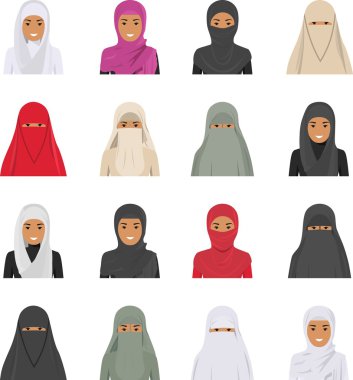 Beyaz arka plan üzerinde izole düz stilde farklı Müslüman Arap insanların karakterleri avatarları Icons set. Gülümseyen yüzler geleneksel giyim farklılıklar İslam Suudi Arap etnik kadın. Vektör