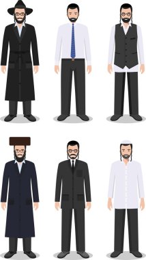 Farklı ayakta Yahudi erkekler düz tarzında beyaz arka plan üzerinde izole geleneksel giyim kümesi. Geleneksel kıyafet farklılıklar Yahudi insanlar. Vektör çizim.
