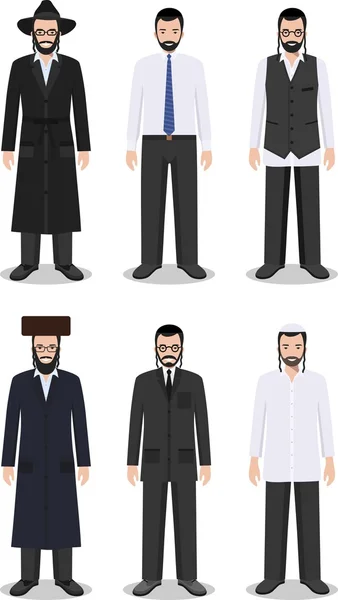 Conjunto de diferentes hombres judíos de pie en la ropa tradicional aislada sobre fondo blanco en estilo plano. Diferencias judías en el vestido tradicional. Ilustración vectorial . — Archivo Imágenes Vectoriales