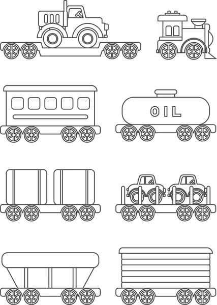 Boyama sayfaları. Farklı siluetleri çocuk oyuncakları beyaz arka plan üzerinde izole demiryolu ulaşım daire doğrusal vektör simgeler kümesi. Vektör çizim. — Stok Vektör