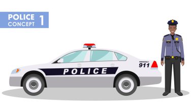 Polis kavramı. Polis ve beyaz arka plan üzerinde düz stil arabaya detaylı çizimi.