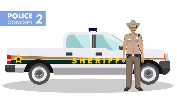 Concetto di poliziotto. Illustrazione dettagliata dello sceriffo e della macchina della polizia in stile piatto su sfondo bianco. Illustrazione vettoriale . — Vettoriale Stock