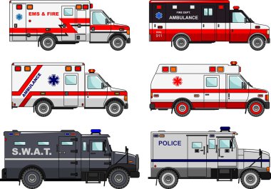 Farklı yangın kamyon, polis ve ambulans araba beyaz arka plan üzerinde izole düz Stil kümesi. Farklılıklar özel makinelerin illüstrasyon siluet. Vektör çizim.