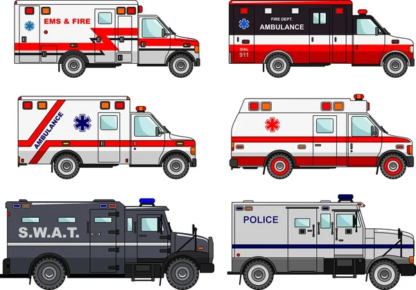 Farklı yangın kamyon, polis ve ambulans araba beyaz arka plan üzerinde izole düz Stil kümesi. Farklılıklar özel makinelerin illüstrasyon siluet. Vektör çizim.