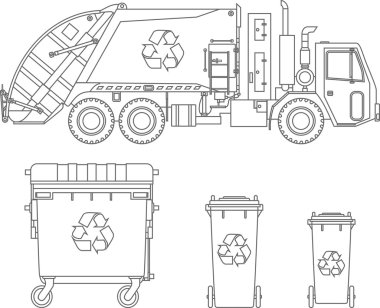 Boyama sayfaları. Çöp kamyonu ve beyaz arka plan üzerinde düz doğrusal vektör simgeler izole dumpsters farklı türleri kümesi. Vektör çizim.