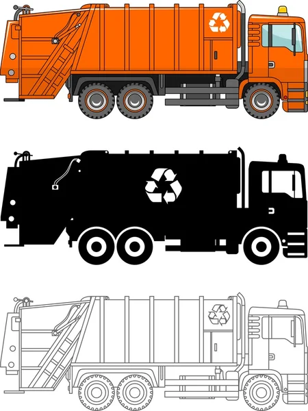 Müllwagen anderer Art isoliert auf weißem Hintergrund in flachem Stil: farbig, schwarze Silhouette und Kontur. Vektorillustration. — Stockvektor