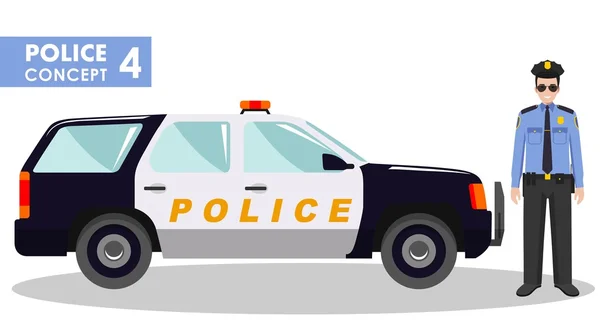 Concepto policial. Ilustración detallada de policía y coche en estilo plano sobre fondo blanco. Ilustración vectorial . — Archivo Imágenes Vectoriales