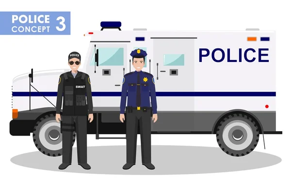 Concetto di polizia. Illustrazione dettagliata di ufficiale SWAT, poliziotto e blindato in stile piatto su sfondo bianco. Illustrazione vettoriale . — Vettoriale Stock