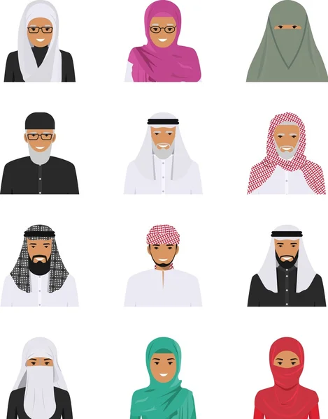 Different muslim arab people characters avatars icons set in flat style isolated on white background. Differences islamic saudi arabic ethnic persons smiling faces in traditional clothing. Vector — Stock Vector