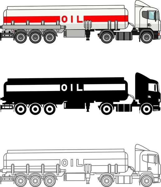 Olika slag bensin lastbilar isolerad på vit bakgrund i platt stil: färgad, svart siluett och kontur. Vektor illustration. — Stock vektor