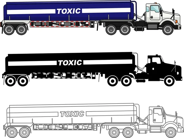 Различные виды цистерн грузовиков, перевозящих химические, радиоактивные, токсичные, опасные вещества изолированы на белом фоне в плоском стиле: цветной, черный силуэт и контур. Векторная иллюстрация . — стоковый вектор