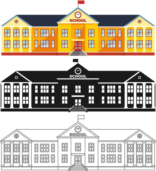 Edificio escolar de diferentes tipos aislado sobre fondo blanco en estilo plano: silueta de color, negro y contorno. Ilustración vectorial . — Vector de stock