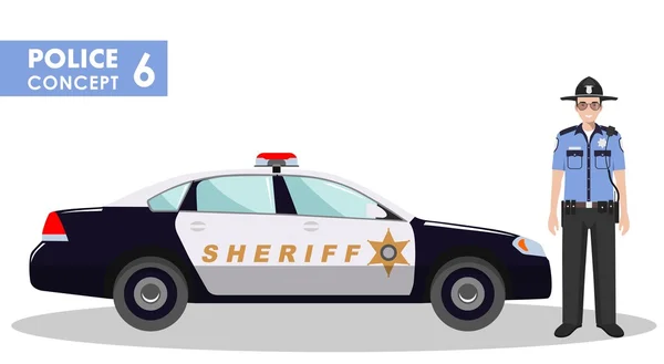 Conceito de polícia. Ilustração detalhada de xerife e carro da polícia em estilo plano sobre fundo branco. Ilustração vetorial . — Vetor de Stock