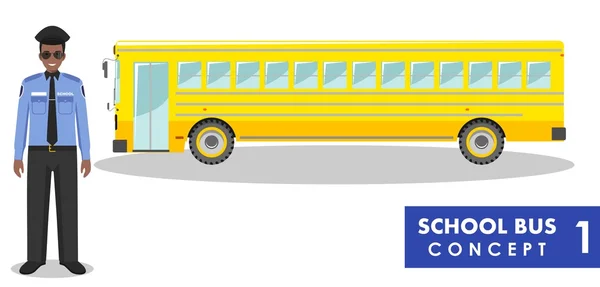 Ilustração detalhada do motorista e ônibus escolar amarelo em estilo plano sobre fundo branco. Conceito de educação. Ilustração vetorial . —  Vetores de Stock