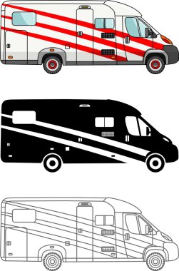 Düz tarzında beyaz arka plan üzerinde izole farklı tür araba ve seyahat römork: renkli, siyah siluet ve dağılımı. Modern karavan. Vektör çizim.