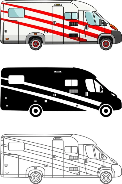 Auto und Reiseanhänger unterschiedlicher Art isoliert auf weißem Hintergrund in flachem Stil: farbig, schwarze Silhouette und Kontur. Moderne Wohnwagen. Vektorillustration. — Stockvektor