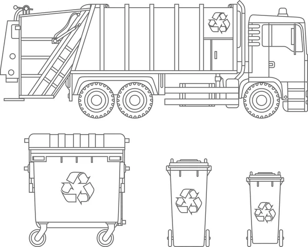 Színező oldalak. Szemeteskocsi és különböző típusú lakás lineáris vektoros ikonok elszigetelt fehér background dumpsters halmaza. Vektoros illusztráció. — Stock Vector