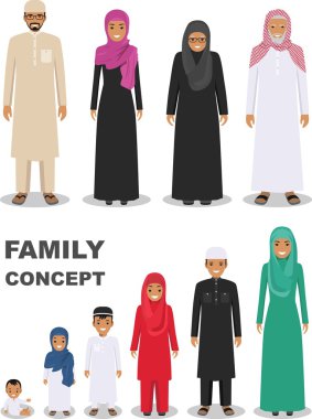Aile ve sosyal kavramı. Arap kişi nesiller, farklı yaşlarda. Müslüman insanlar baba, anne, oğlu, kızı, büyükanne ve büyükbaba birlikte geleneksel İslam giysili ayakta. Vektör 