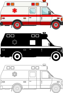 Farklı tür ambulans araba düz tarzında beyaz arka plan üzerinde izole: renkli, siyah siluet ve dağılımı. Vektör çizim