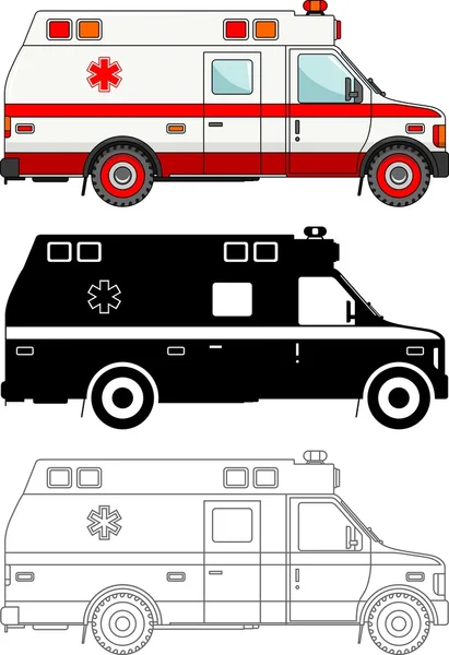 Différentes sortes de voitures d'ambulance isolées sur fond blanc dans un style plat : couleur, silhouette noire et contour. Illustration vectorielle — Image vectorielle