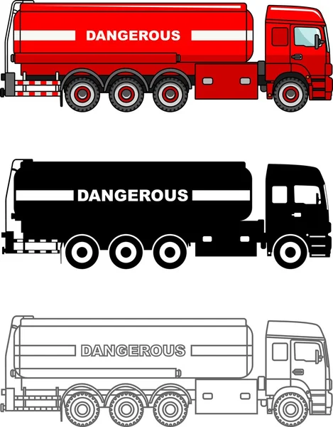 Olika slags cistern lastbilar transporterar kemiska, radioaktiva, giftiga, farliga ämnen isolerad på vit bakgrund i platt stil: färgad, svart siluett och kontur. Vektor illustration. — Stock vektor