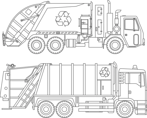 Páginas para colorear. Conjunto de diferentes tipos de camiones de basura planos iconos lineales aislados sobre fondo blanco. Ilustración vectorial . — Vector de stock