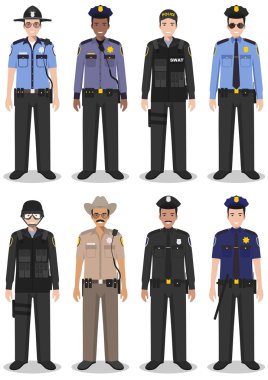 Police people concept. Set of different detailed illustration of SWAT officer, policeman and sheriff in flat style on white background. Vector illustration. clipart