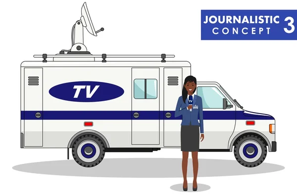 Journalistic concept. Detailed illustration of woman reporter and TV or news car in flat style on white background. Vector illustration. — Stock Vector
