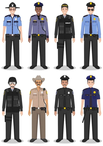 Concepto de policía. Conjunto de diferentes ilustraciones detalladas de oficial SWAT, policía y sheriff en estilo plano sobre fondo blanco. Ilustración vectorial . — Vector de stock