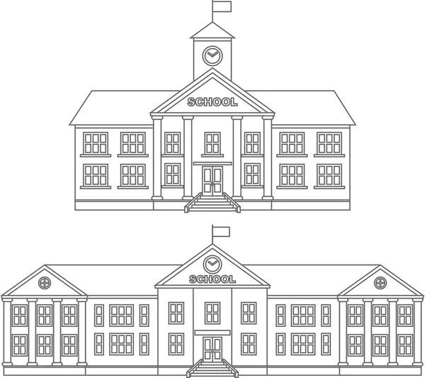 Páginas para colorear. Conjunto de diferentes siluetas escuela edificio plano iconos lineales aislados sobre fondo blanco. Ilustración vectorial . — Vector de stock
