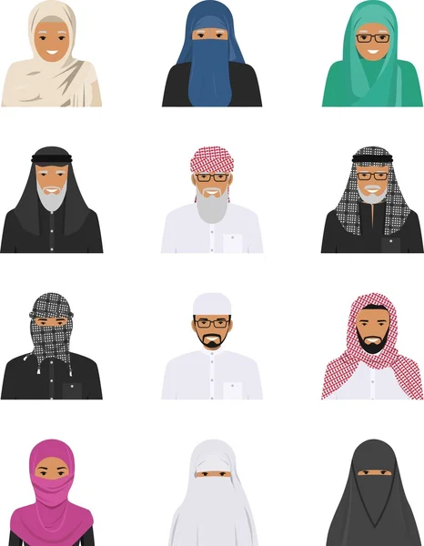 Different muslim arab people characters avatars icons set in flat style isolated on white background. Differences islamic saudi arabic ethnic persons smiling faces in traditional clothing. Vector. — Stock Vector