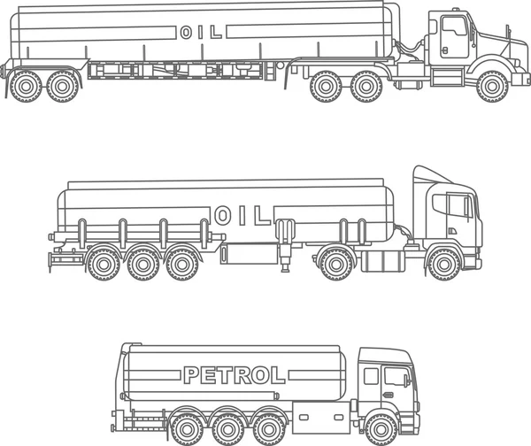 Χρωματισμός σελίδες. Σύνολο βενζίνη διαφορετικά φορτηγά επίπεδη γραμμική εικονίδια που απομονώνονται σε λευκό φόντο. Εικονογράφηση διάνυσμα. — Διανυσματικό Αρχείο