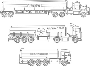 Boyama sayfaları. Farklı tür Sarnıcı kamyon taşıma kimyasal, radyoaktif, toksik, zararlı maddeler doğrusal simgeler beyaz arka plan üzerinde izole düz kümesi. Vektör çizim.