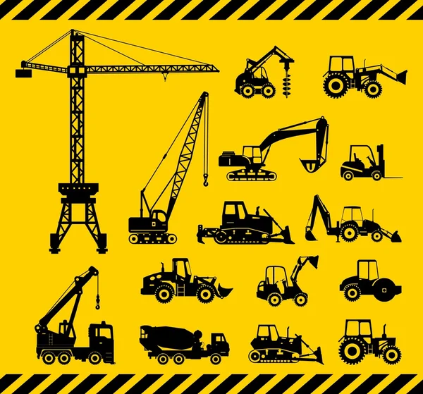 Conjunto de ícones de máquinas de construção pesada. Ilustração vetorial — Vetor de Stock