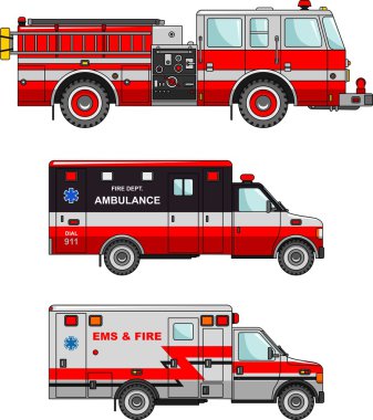 Düz tarzında beyaz arka plan üzerinde izole kamyon ve ambulans araba ateş