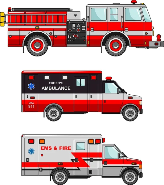 Camiones de bomberos y coches ambulancia aislados sobre fondo blanco en estilo plano — Vector de stock