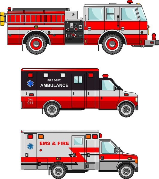 Fire truck and ambulance cars isolated on white background in flat style