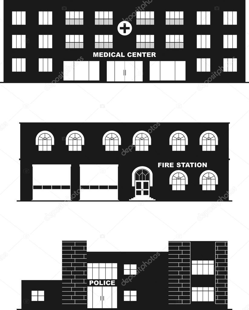 Buildings isolated on white background in flat style. Fire station, police department and hospital.