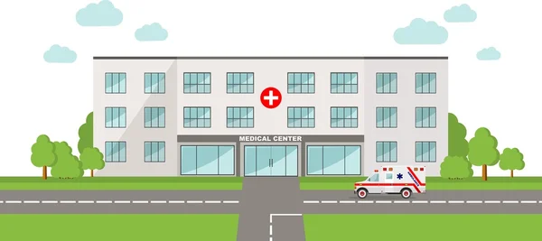 tıbbi kavramı. Hastane Binası ve ambulans araba düz tarzı ile panoramik arka plan.