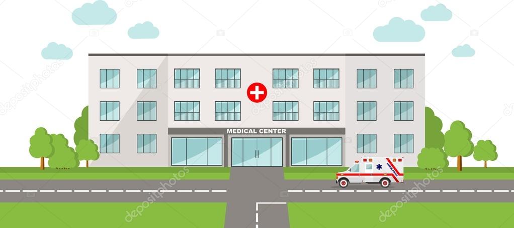 Medical concept. Panoramic background with hospital building and ambulance car in flat style.