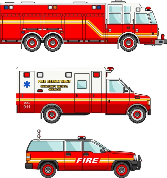 Camión de bomberos y coches aislados sobre fondo blanco en estilo plano — Vector de stock