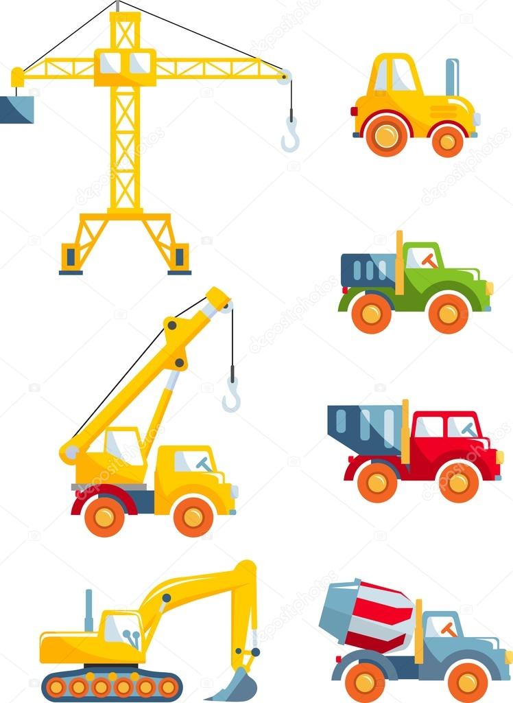 Set of toys heavy construction machines in a flat style.